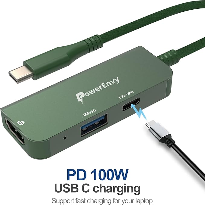 USB-C Hub 3-in-1 by PowerEnvy - 100W PD Charging, 4K HDMI, USB 3.0 Port (5Gbps) – Aluminum Portable Adapter for MacBook Pro/Air, iPad Pro, Dell XPS & More