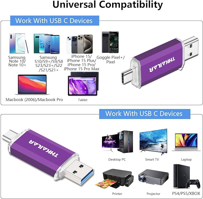 THKAILAR 128GB USB C Flash Drive 5 Pack,2-in-1 Dual Type-A&Type-C Thumb Drive USB 3.0 Memory Stick,High-Speed Flash Drive USB C for iPhone 15/16,Android,Mac,PC,PS4,Plug&Play,Durable&Compact Design