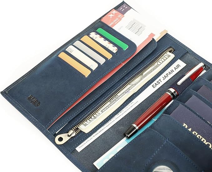 CONTACTS Full Grain Leather Family Passport Holder for 4 Airtag Passport Wallet RFID Blocking Travel Passport Cover with 4 Passport Slot, 6 Card Slot (Blue)