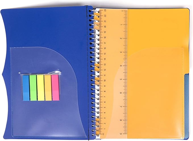 Mintra Office Durable PREMIUM Spiral Notebook, ((Blue, 2 Subject (6in x 9.5in)), Wire, Fabric Covered Coils, No Snags, Removable Adjustable Pocket Dividers, Ruler, Organization, Customizable