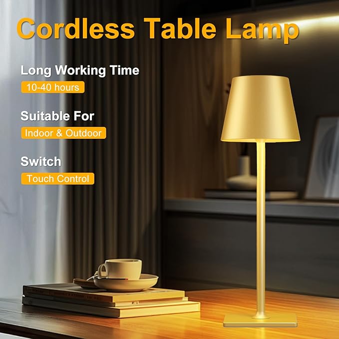 2 Pack Gold Rechargeable Table Lamps,Cordless Lamp with 6000mAh Battery Operated,Wireless Lamp for Restaurant Home Dinner Dining Kitchen Outdoor Patio,Waterproof & Portable