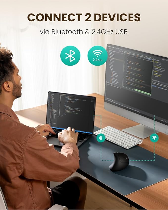 Ergonomic Wireless Rechargeable Mouse, Bluetooth+USB A+Type C(3 in 1) Connection, 5 Levels Up to 4800 DPI, 6 Silent Buttons, 2.4GHz Carpal Tunnel Vertical Mice, for Laptop, Desktop,MacBook-black