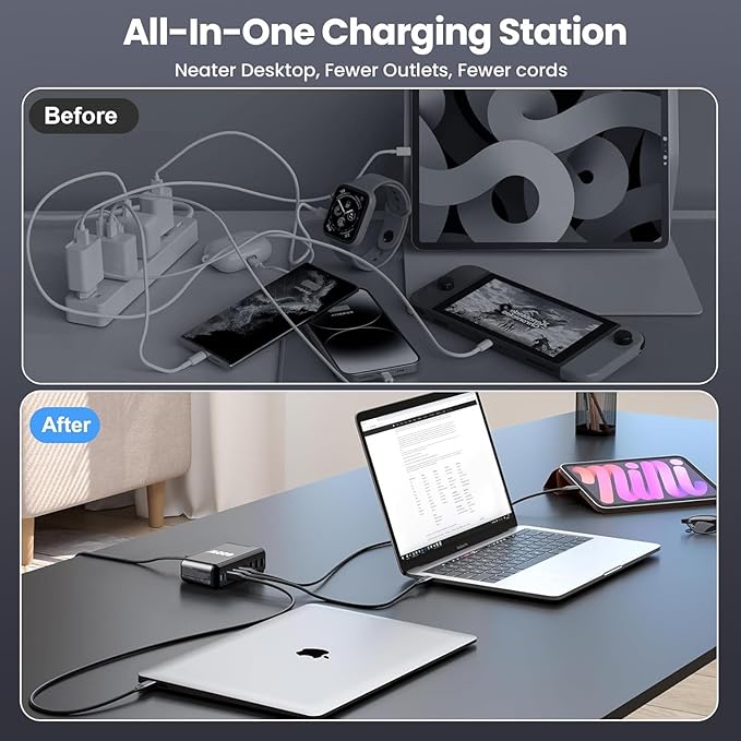 600W USB C Charger 100W USB C Charger Block, GaN III 8-Port Fast Charging Station Hub,PD 3.1 140W Laptop Charger Adapter Compatible with MacBook Pro/Air,DELL,Steam Deck,iPhone 16/15/14,Galaxy S25