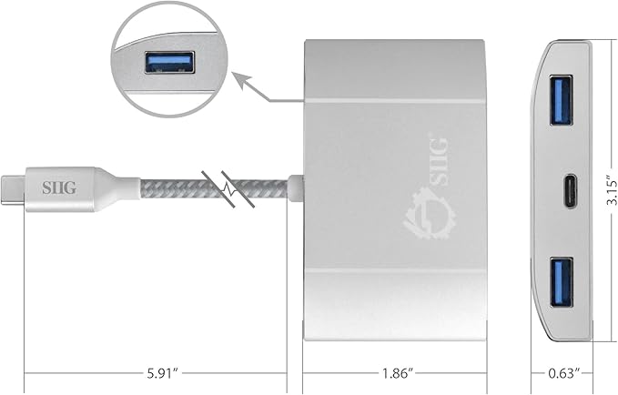 SIIG USB C Hub with PD Charging, 3 USB 3.0 Ports & Type C Power Delivery Charging Port for HP, Chromebook, MacBook and More