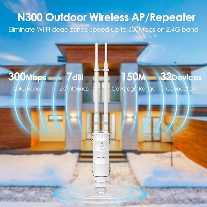 N300 Outdoor WiFi Extender Signal Booster, WAVLINK Access Point/Repeater/Range Extender with Passive PoE, 15KV ESD, 4KV Lightning Protection, Support AP/Repeater/Router Mode for Farm,Yard