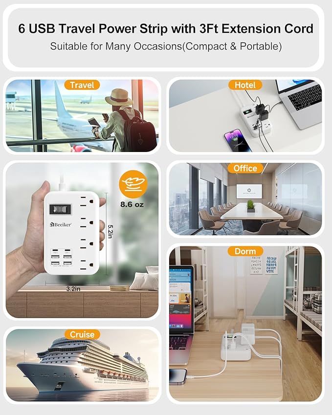 6 USB(2 USB C) Travel Power Strip- Flat Plug Extension Cord 3 Feet with 4.8A 24W USB Charging Station and 4 Outlets, 3 FT Short Extension Cord Portable for Travel Cruise Office College Dorm