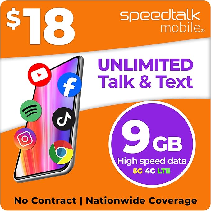 SpeedTalk Mobile Prepaid Cell Phone SIM Card for Smart Phones & Cellphones | $18 Monthly Plan - Unlimited Talk & Text + 9GB 5G 4G LTE Data | 3-in-1 SIM Card Standard Micro Nano