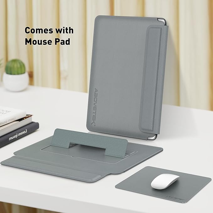 AboveTEK Laptop Sleeve Case for 13-14 inch MacBook Air/Pro, Slim Laptop Case with Stand, Ergonomic Wrist Rest & Mouse Pad, Waterproof Anti-Scratch Leather Bag for 13-14 Surface HP, Grey