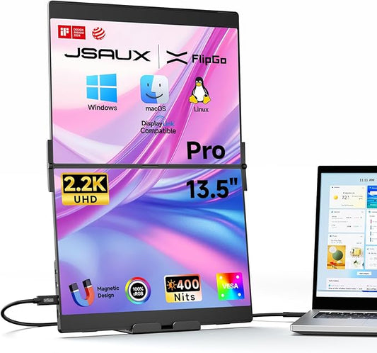 JSAUX FlipGo Pro 13.5" Dual Portable Monitors, 2.2K Triple Laptop Screen Extender, Portable IPS Dual-Screen Monitor for Laptop[for Windows/Linux/macOS] One Cable to Dual/Magnetic Design/DisplayLink