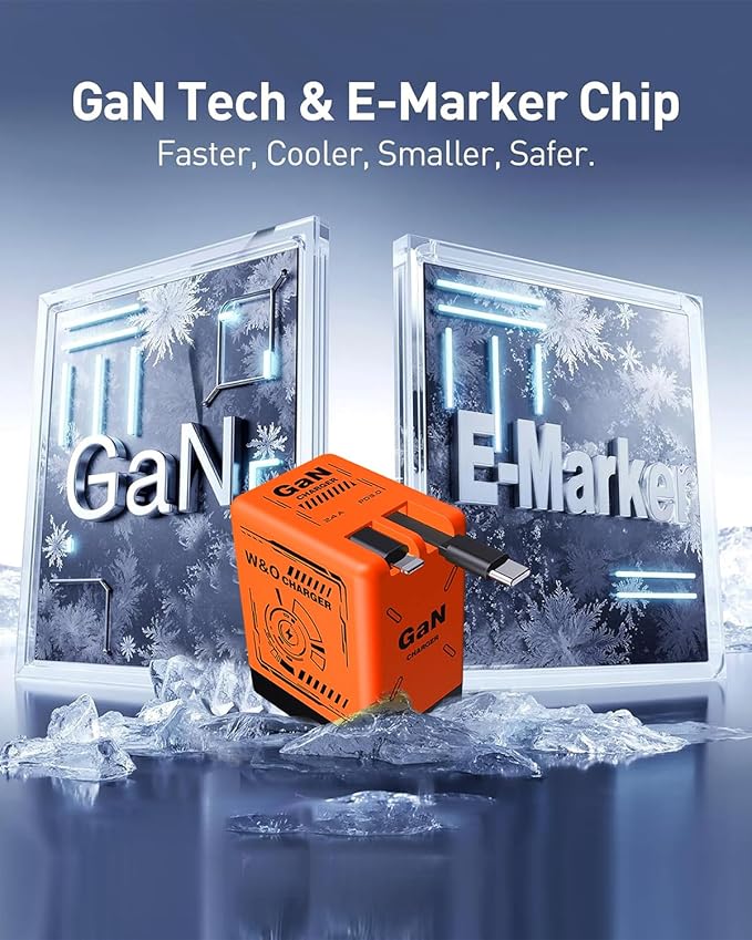 W&O gan Charger Fast Charger,45W Retractable Phone Charger Wall Plug with Lightening and Type-C Cables,for iPhone16/15/14/13/12/11 Series, Galaxy S25 24,Android and More (Orange)