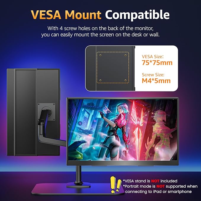 Large Portable Monitor 18.5 inch 1080P FHD 100Hz 125% sRGB HDMI USB-C Portable Computer Monitor for Laptop MacBook Xbox PS4/5, Travel External Monitor with Kickstand, VESA Compatible