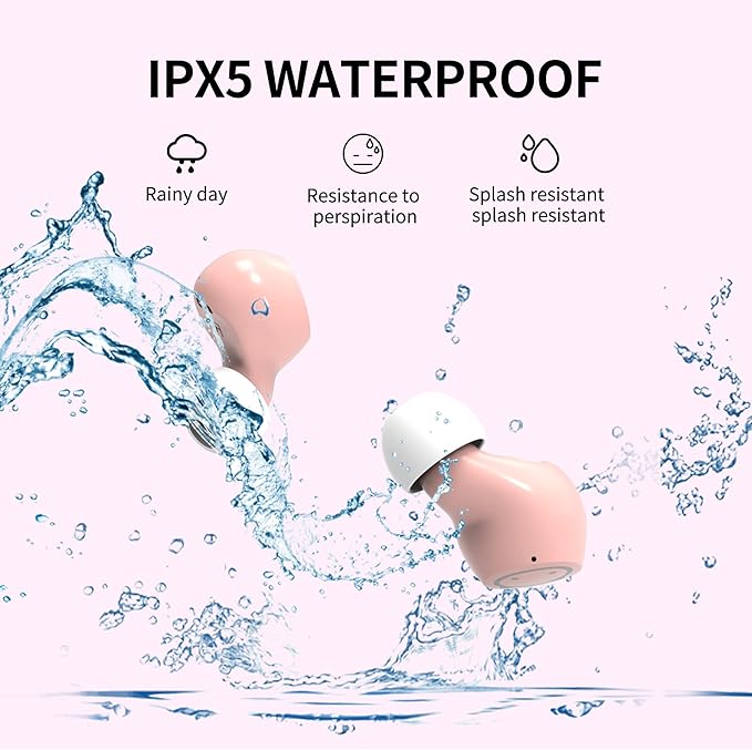 Pink Bluetooth Earbuds,Cute Cat Wireless Headphones for Girls Kids Women 36H Play Time IPX6 Waterproof Ear budsLED Display HiFi 3D Stereo Earphones for Sport Workout Travel