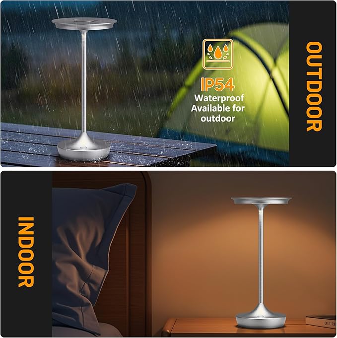 LED Cordless Table Lamp Rechargeable - Outdoor 6000mAh Battery Operated Portable Table Lights 3 Color Stepless Dimming Table Lamps with Memory Function for Patio Restaurant Dining Silver