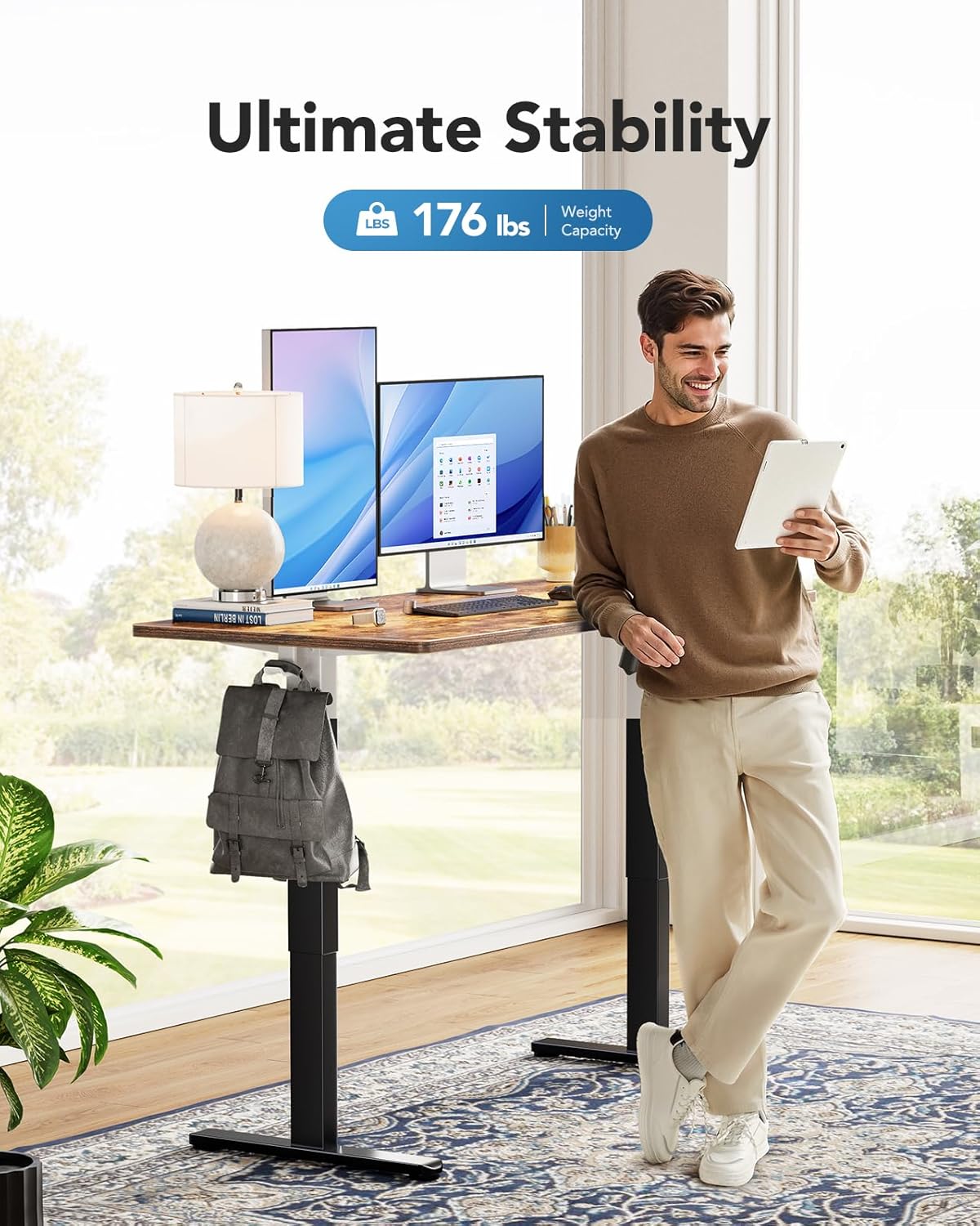 HUANUO Electric Standing Desk, 60" x 24" Whole Piece Desktop, Adjustable Height Computer Desk, 4 Height Memory Settings, Sit Stand Up Desks for Home Office, Vintage