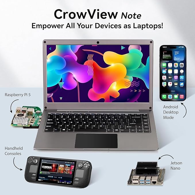 Portable Monitor with Keyboard,14inch 1080P FHD Lapdock Compatible with Raspberry Pi/Mini PC/Phone/PC/Game Console,CrowView Note Built-in Battery with RPi5 Adapter(Full TypeC & HDMI Cable Included)