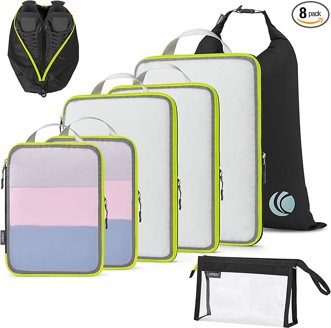 Cipway Compression Packing Cubes Mesh, Lightweight Luggage Organizer Bags with Laundry Bag, Toiletries Bag and Shoe Bag, Travel Essentials for Carry on Suitcase（8 Pcs,Black）