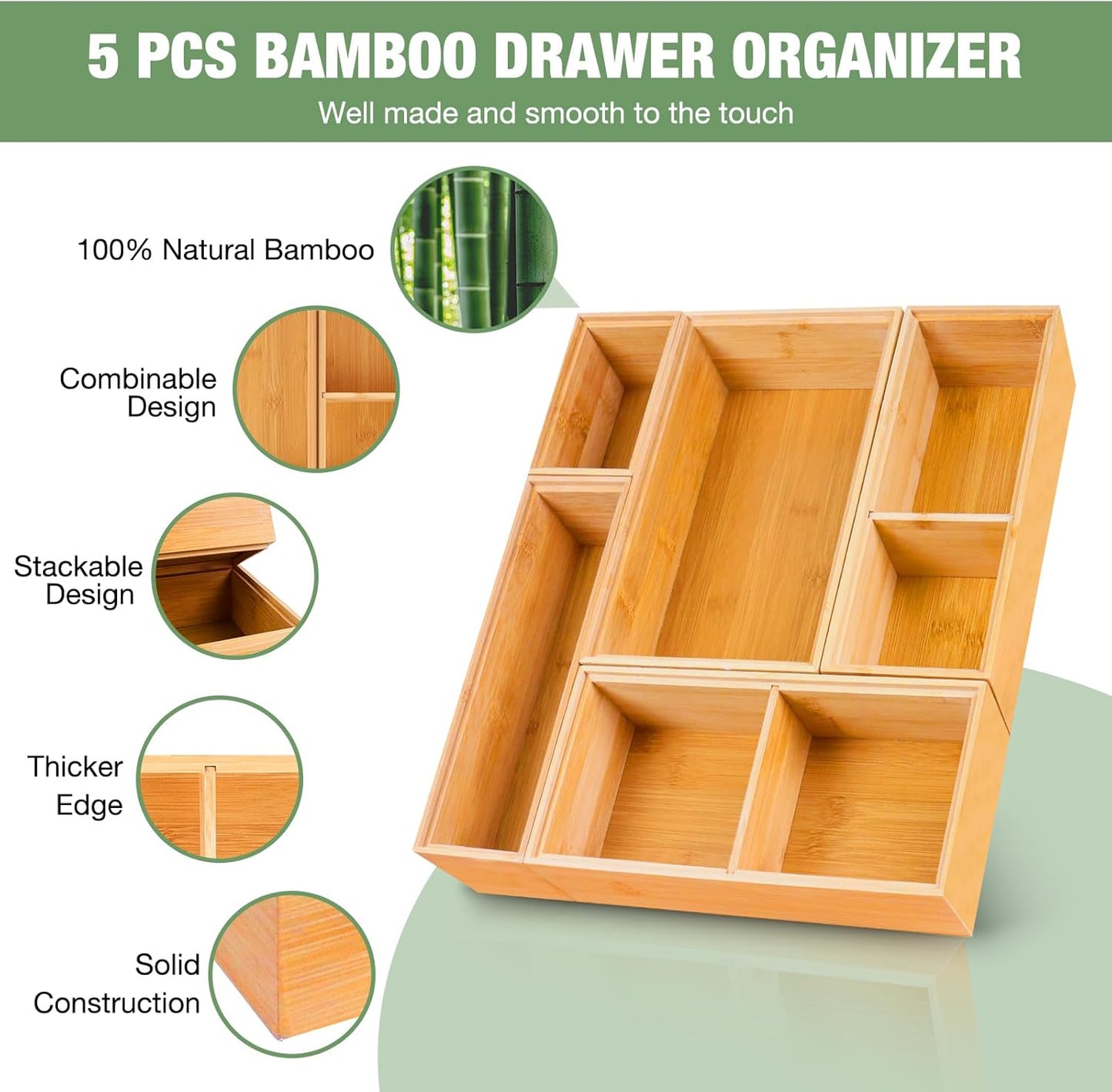 Bamboo Drawer Organizer,5 PCS Silverware Organizer & Kitchen Organizers and Storage,Utensil Drawer Organizer With Removable Dividers for Kitchen,Utensils,Bathroom,Office,Makeup(Natural)