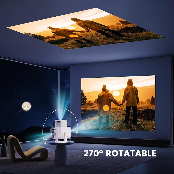 Mini 4K Projector, 1080P Full HD Smart Outdoor Portable Movie Small Projector with Wifi and Bluetooth & 270°Rotatable Stand, Android 13 OS, Auto Keystone, Support Big Screen for Home Bedroom