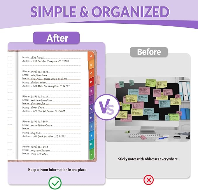 SUNEE Address Book with Colorful Alphabetical Tabs, Address Notebook Organizer for Record Contacts, 5.3'' x 7.7''- Purple