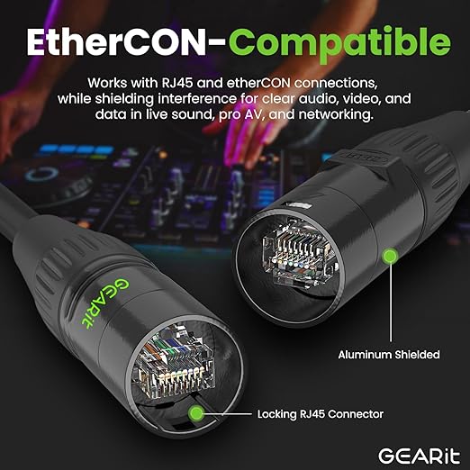 GEARit Shielded CAT6 Ethercon Cable (30 Feet) Professional Audio & Lighting RJ45 EtherCON-Compatible Cable for Studio, Stage, Concerts - 30ft Black