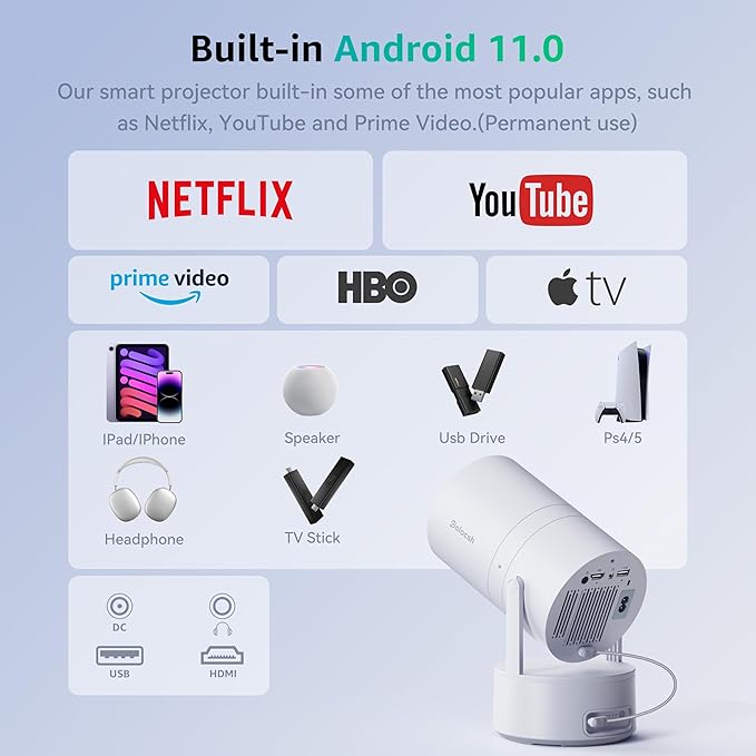 Mini Projector, Rechargeable Portable Outdoor Smart Projector with 4K Support, Auto Keystone, Android 11 Small Projector with WiFi and Bluetooth, Electric Focus Home Theater for iphone