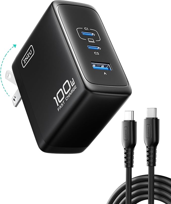 INIU USB C Charger Block, 3-Port 100W PD Fast Charging, MacBook Charger with USB C Cable and Foldable Plug, GaN Tech, for MacBook Pro/Air, Laptop, iPhone 16, Samsung S25, iPad, Multiple Devices etc