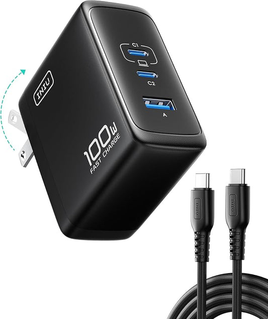 INIU USB C Charger Block, 3-Port 100W PD Fast Charging, MacBook Charger with USB C Cable and Foldable Plug, GaN Tech, for MacBook Pro/Air, Laptop, iPhone 16, Samsung S25, iPad, Multiple Devices etc