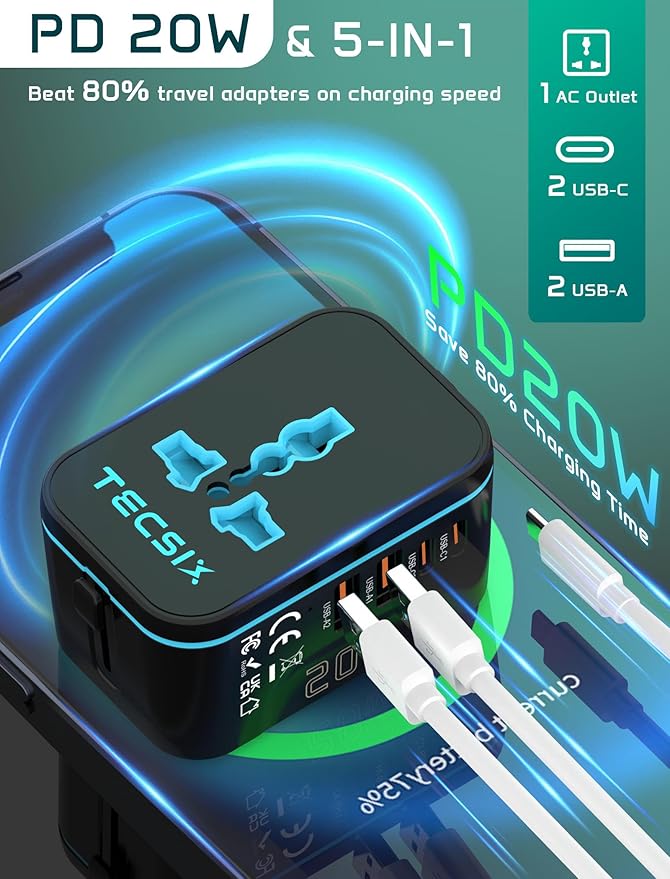 Universal Travel Adapter Worldwide PD 20W, TECSIX International Power Adapter Fast Charging with 2 USB C, 2 USB A Multi Outlets, Gan Travel Plug Adaptor for EU US UK AUS 200+ Countries
