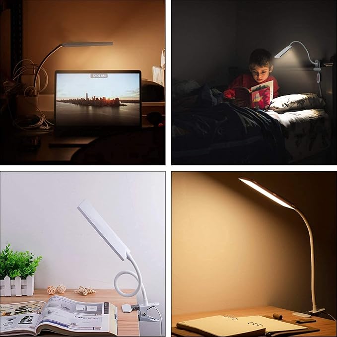 Vansuny Clip on Light LED Desk Lamp with Eye-Caring LED Metal Clip, 11 Level Brightness 3 Color Modes, Power by USB Port 5W Flexible Gooseneck Reading Light for Home and Office (5W, White)