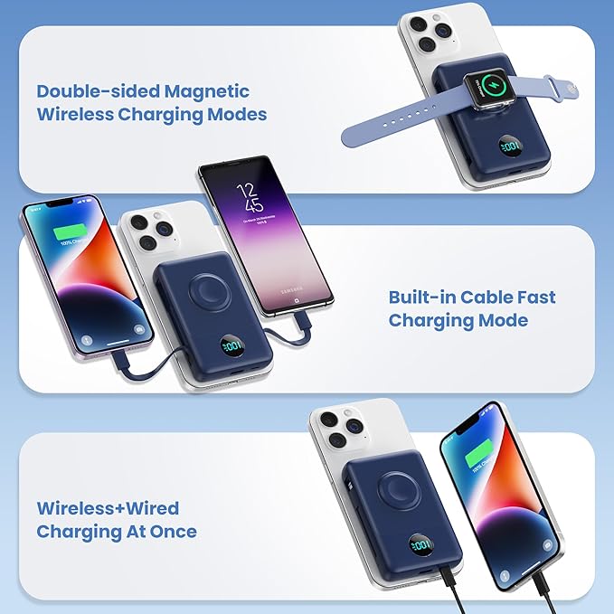 Magnetic Portable Charger 10800mAh for iPhone with Built-in Cables, 6-in-1 Wireless Power Bank with iWatch Charger, 25W PD Fast Charging USB C Battery Pack for iPhone 16/15/14/13/12, Apple Watch(Blue)