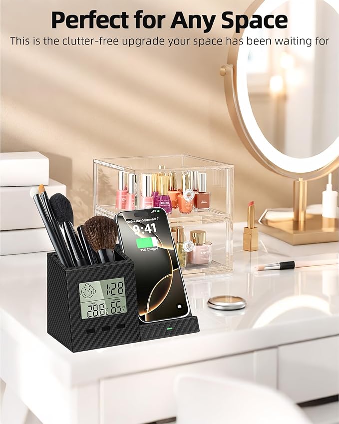 Multifunctional Pen Holder and Organizer for Desk with Wireless Charger, Digital Indoor Thermometer and Humidity Gauge, Home Office Organizers and Storage (Battery Included)