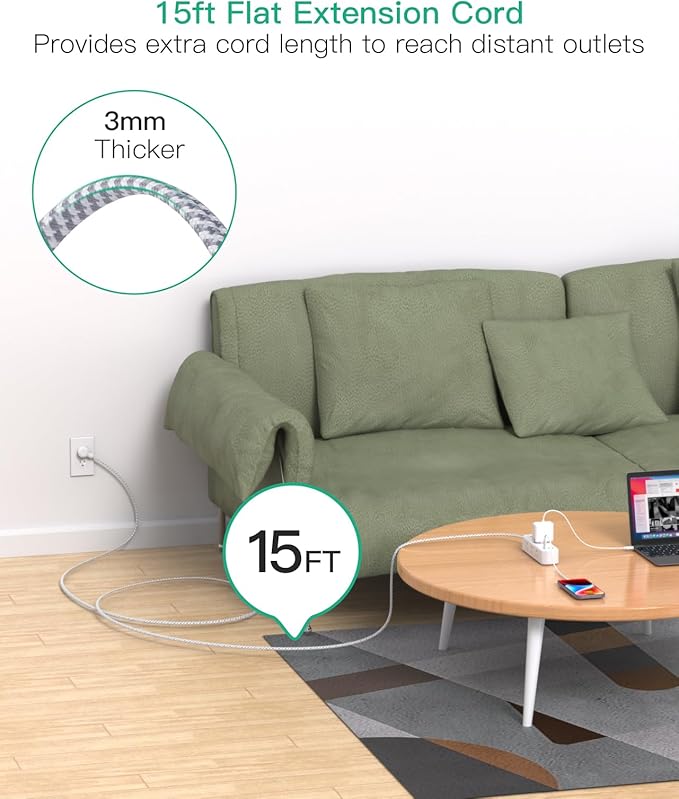 Extension Cord 15 ft, Surge Protector Power Strip, Long Extension Cord with 9 Outlets 3 USB Ports, Extension Cord with Multiple Outlets, USB Power Strip for Home, Office, Dorm Room Essentials, College
