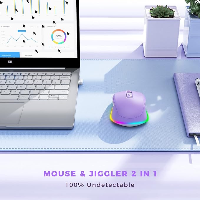 PEIOUS Wireless Mouse Jiggler - LED Wireless Mice with Build-in Mouse Mover, Rechargeable Moving Mouse for Laptop with Undetectable Random Movement Keeps Computers Awake - Purple
