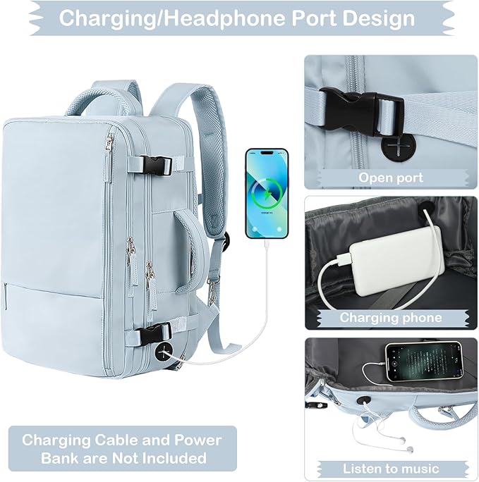 Hanples Large Travel Backpack for Women, 40L Carry on Luggage Backpack, 17 Inch Laptop Backpack with USB Charging Port, Waterproof Casual Bag Gift for Men with 2 Toiletry Bags (Light Blue)