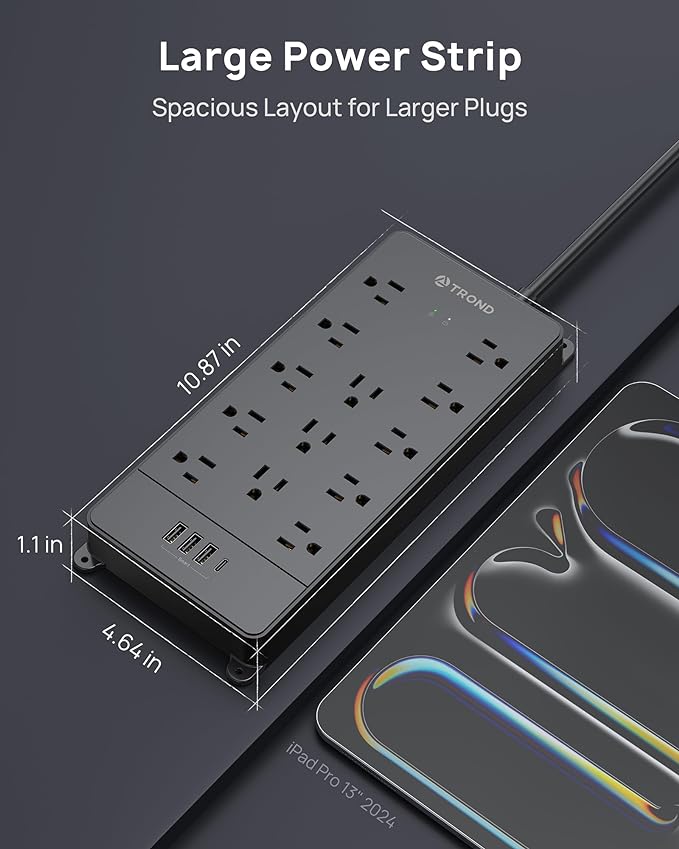 TROND Power Strip Surge Protector 10 ft Cord, 4000 Joules, ETL Listed, 13 Widely-Spaced Outlets Expansion with USB C Ports, Low-Profile Flat Plug, Wall Mount, Extension Cord, 14AWG Heavy Duty, Black