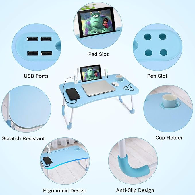 Slendor Lap Desk with Cup Holder, Foldable Laptop Table for Bed, Portable Bed Desk for Laptop and Writing, Computer Tray with Tablet Slot, Notebook Stand Reading Holder for Couch Sofa Floor,Blue