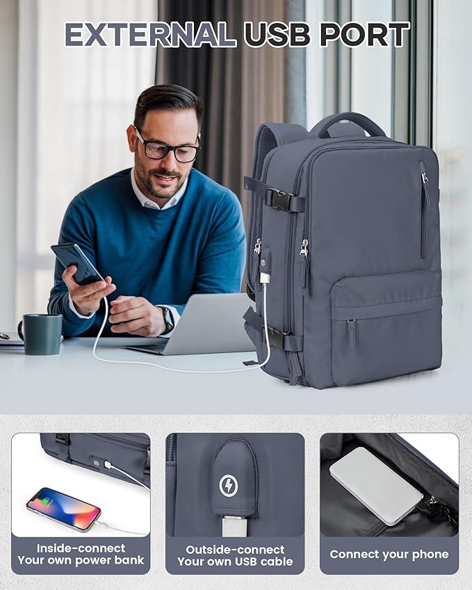 Vacuum Travel Backpack with Pump for Women, Personal Item Carry on Backpacks Flight Approved 18x14x8 inches for Men,Laptop Waterproof Work Compression bags Casual Daypack. (GreyBlue)