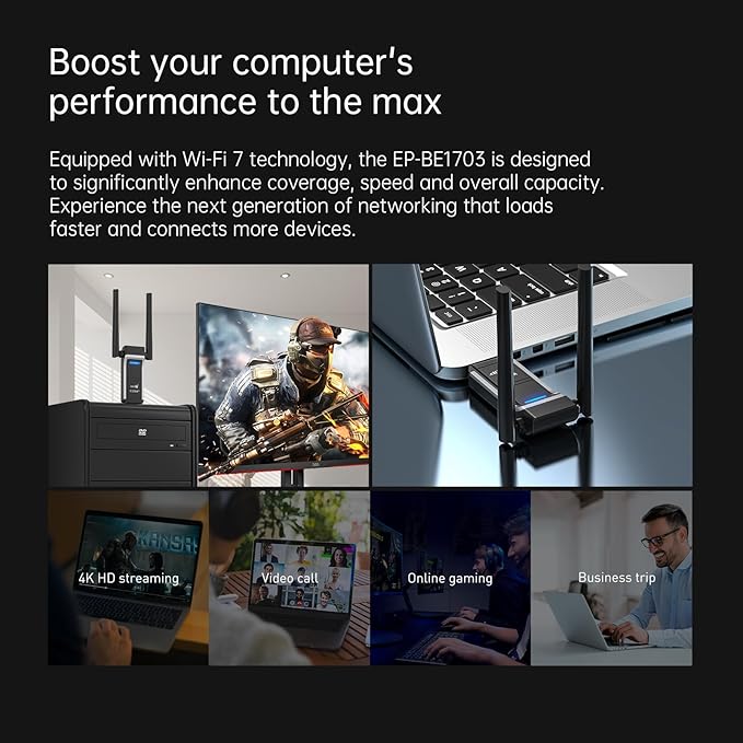 EDUP USB WiFi 7 Adapter BE6500 Wireless Network Card IEEE 802.11be Tri-Band 6GHz/5GHz/2.4GHz for Desktop PC Laptop, Wireless Netword Card for Gaming, Compatible with Windows 11/10