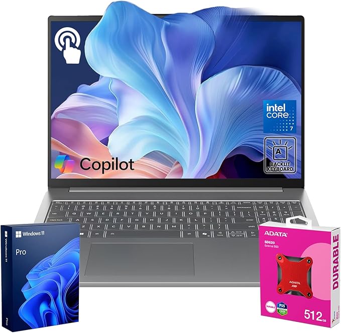 Lenovo 2025 IdeaPad Slim Business AI-Powered Laptop, 16" WUXGA Touchscreen, Intel Core 7 240H, 64GB DDR5 RAM, 2TB SSD, Copilot, Webcam, Backlit, Wi-Fi 6, W11P, Bundle with ADATA 512GB External SSD