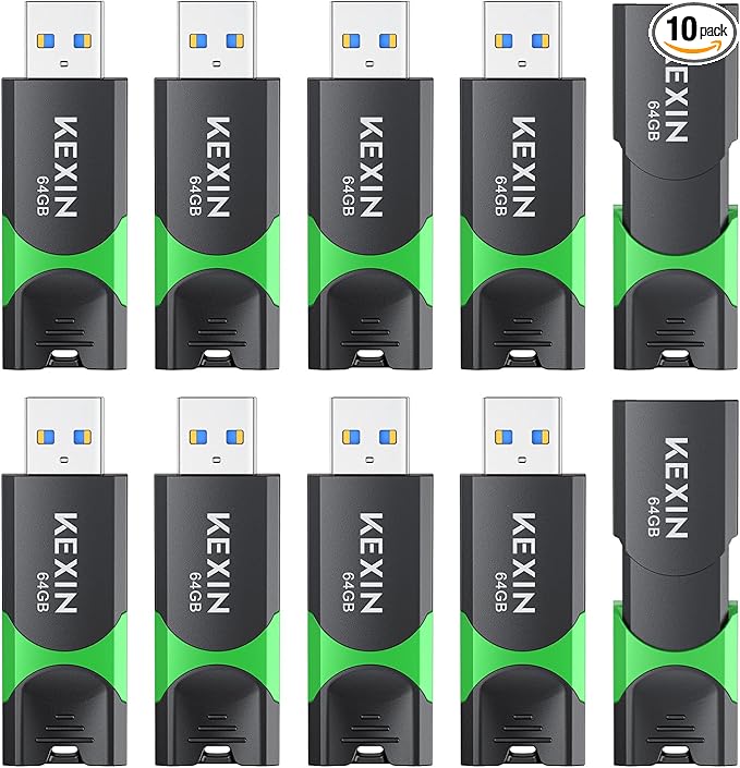 KEXIN 64 GB Flash Drive 10 Pack USB 3.0 Flash Drive 64G Thumb Drive 3.0 Memory Stick Data Storage USB Stick with LED Indicator,64G 10Pack Black+ Green