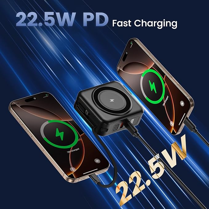 for Magsafe Portable Charger with AC Wall Plug, 6-in-1 Magnetic Wireless Power Bank 10000mAh Built-in Cables, 22.5W Type-C in&Out Fast Charging Battery Pack for iPhone 16/15/14/13/12 Series, Black