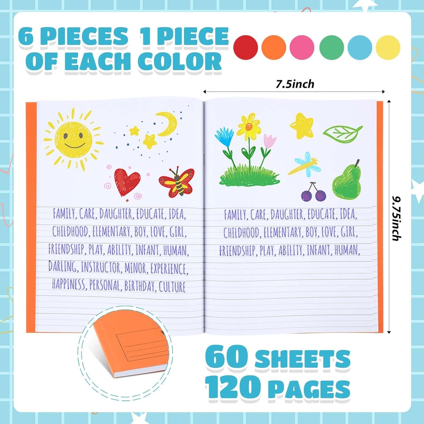 Henoyso 6 Pcs 120 Pages Primary Composition Notebooks K-2 9 3/4 x 7 1/2 Inch Journals Primary Journals Blank Books for Kids to Write Stories Kindergarten (Colorful)