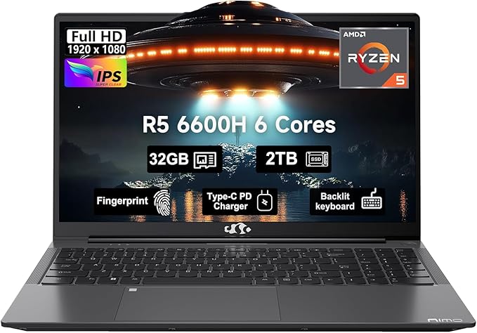 15.6 Business-gaming-Laptop, 6-Cores AMD Ryzen 5 6600H 660M 6nm GPU, 32GB DDR5 2TB SSD(Beat i7-1165G7 up to 4.5GHz)100W Type-C FHD IPS Laptop-Computer with Fingerprint Backlit Keyboard WiFi5 Win11