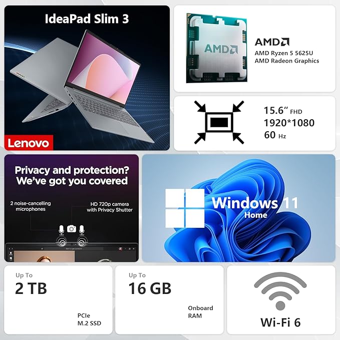 Lenovo IdeaPad Slim 3 Laptop, 15.6" FHD Display, AMD Ryzen 5 5625U, 16GB RAM, 1TB SSD, Backlit KB, SD Card Reader, Webcam, HDMI, Wi-Fi 6, Win 11 Home, Bundle with Thunderobot ML101 Wireless Mouse