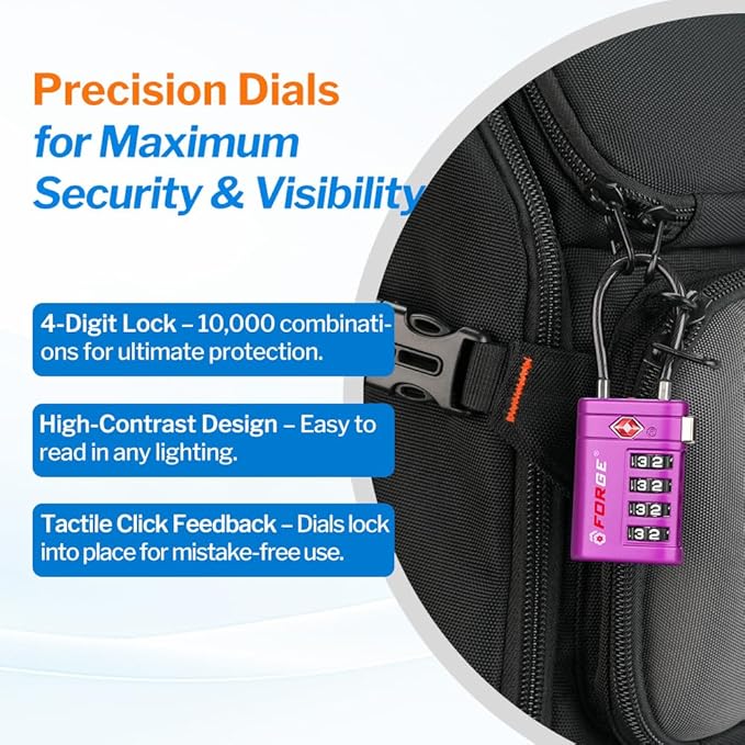 Forge TSA Approved Luggage Locks 4 Digit Combination TSA Travel Locks with TSA008, Open Alert Indicator, Zinc Alloy Body for Luggage, Suitcase, Backpack, and More. Purple 2 Locks.