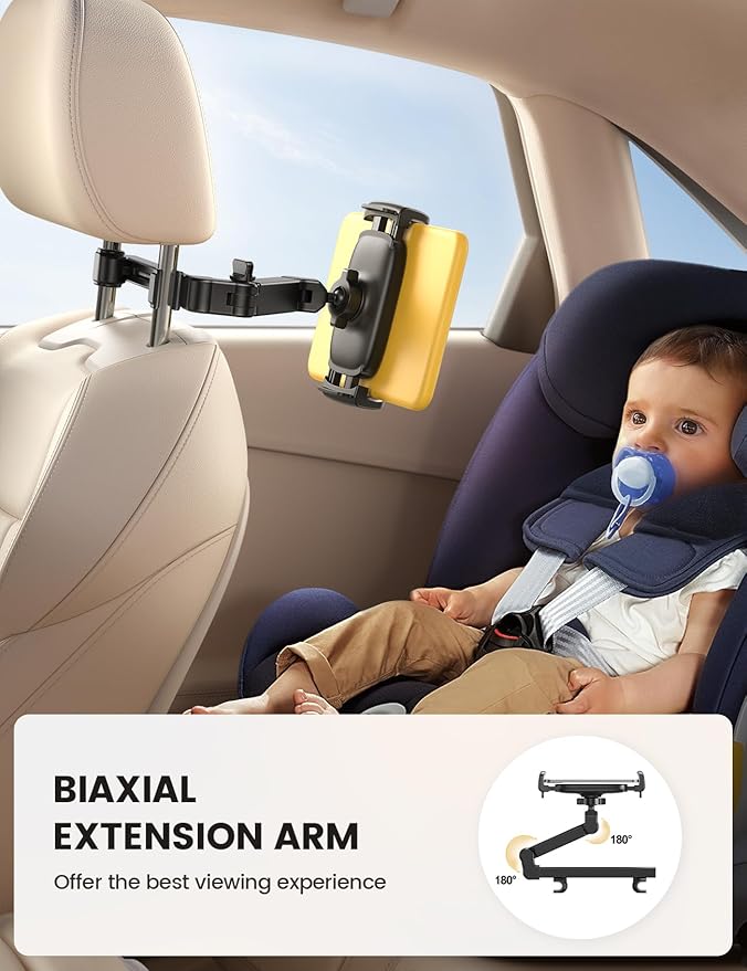 Lamicall Car Headrest Tablet Holder - [3 in 1 Extension Arm] Adjustable Tablet Car Mount for Back Seat, Road Trip Essentials for Kids, for 4.7-11" Device Like iPad Pro, Air, Mini, Galaxy, Fire, Black