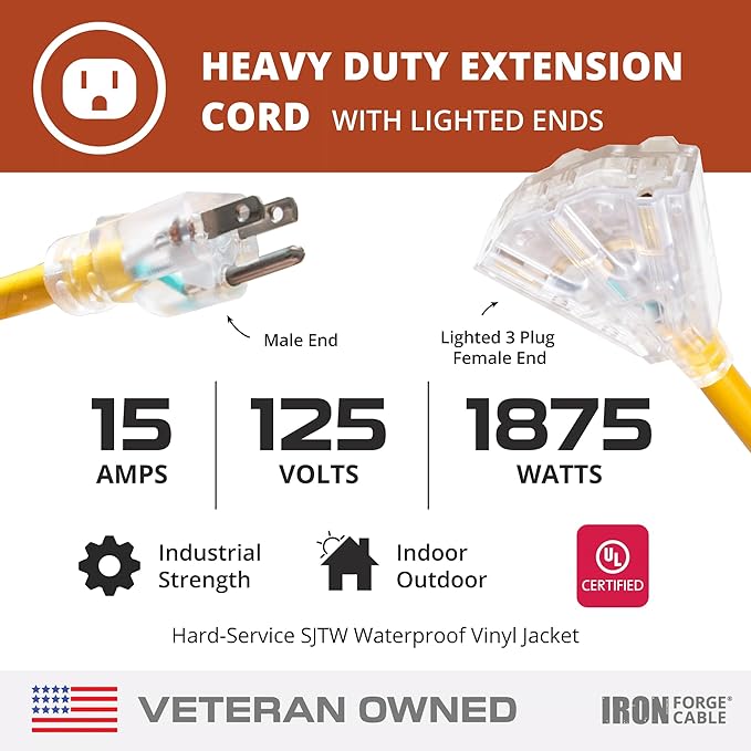 Iron Forge Cable 50 Foot Lighted Outdoor Extension Cord with 3 Electrical Power Outlets - 12/3 SJTW Heavy Duty Yellow Extension Cable with 3 Prong Grounded Plug for Safety, 15 AMP