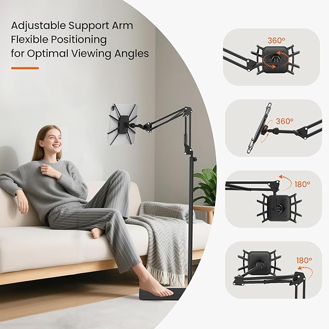Tablet Floor Stand,Universal Metal Tablet Holder,Overhead Bed Mount Height Angle Adjustable Stand, 360° Rotation Floor Holder for iPad, Kindle, Tab,Phones, E-Readers(7-12.9 Inch)