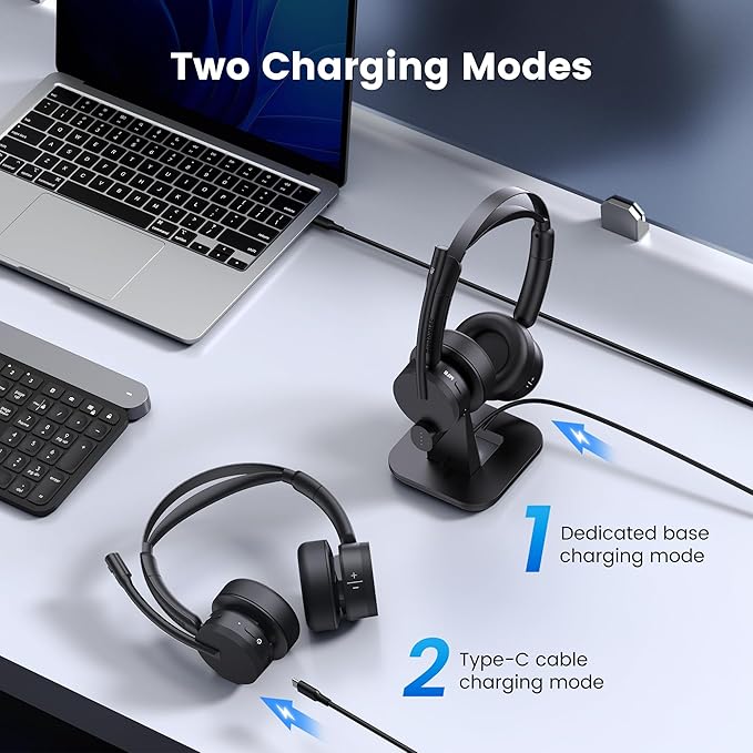 Wireless Headset with Mic for Work(Upgrade Volume Knob & Charging Indicator), Bluetooth Headset with Microphone for PC, with Noise Cancelling/Mute/USB for Call Center/Office/Home/Computer/Teams/Zoom