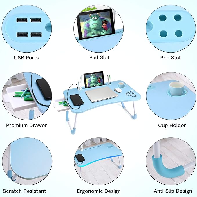 Slendor Lap Desk with Tablet Slot, Foldable Laptop Table with Storage Drawer for Bed，Portable Bed Desk for Laptop, Computer Tray with Cup Holder Notebook Stand Reading Holder for Couch Floor, Blue